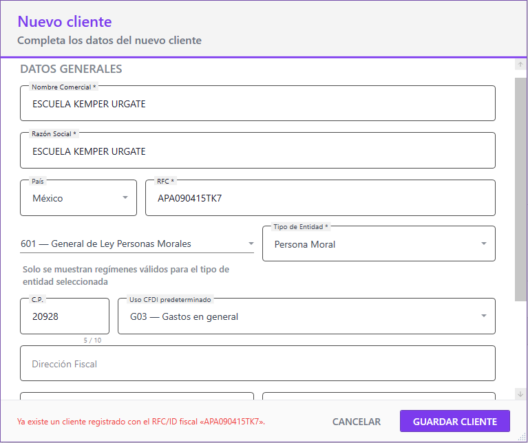 Error al guardar nuevo cliente con RFC ya existente