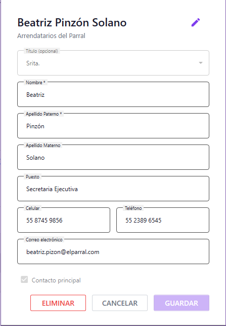 Ventana de detalle de contacto del módulo Clientes