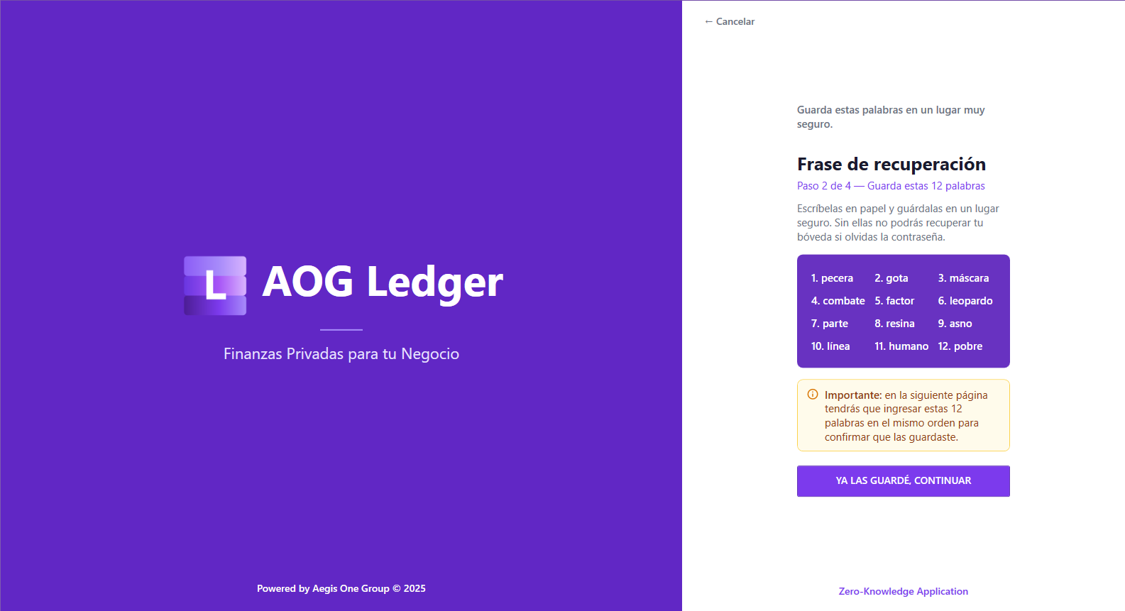 Pantalla de creación del vault de AOG Ledger